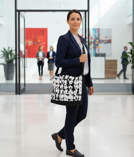 Handmade Messenger Tote | Bold Face Print Black & White Crossbody | Multi-Pocket Commuter Bag